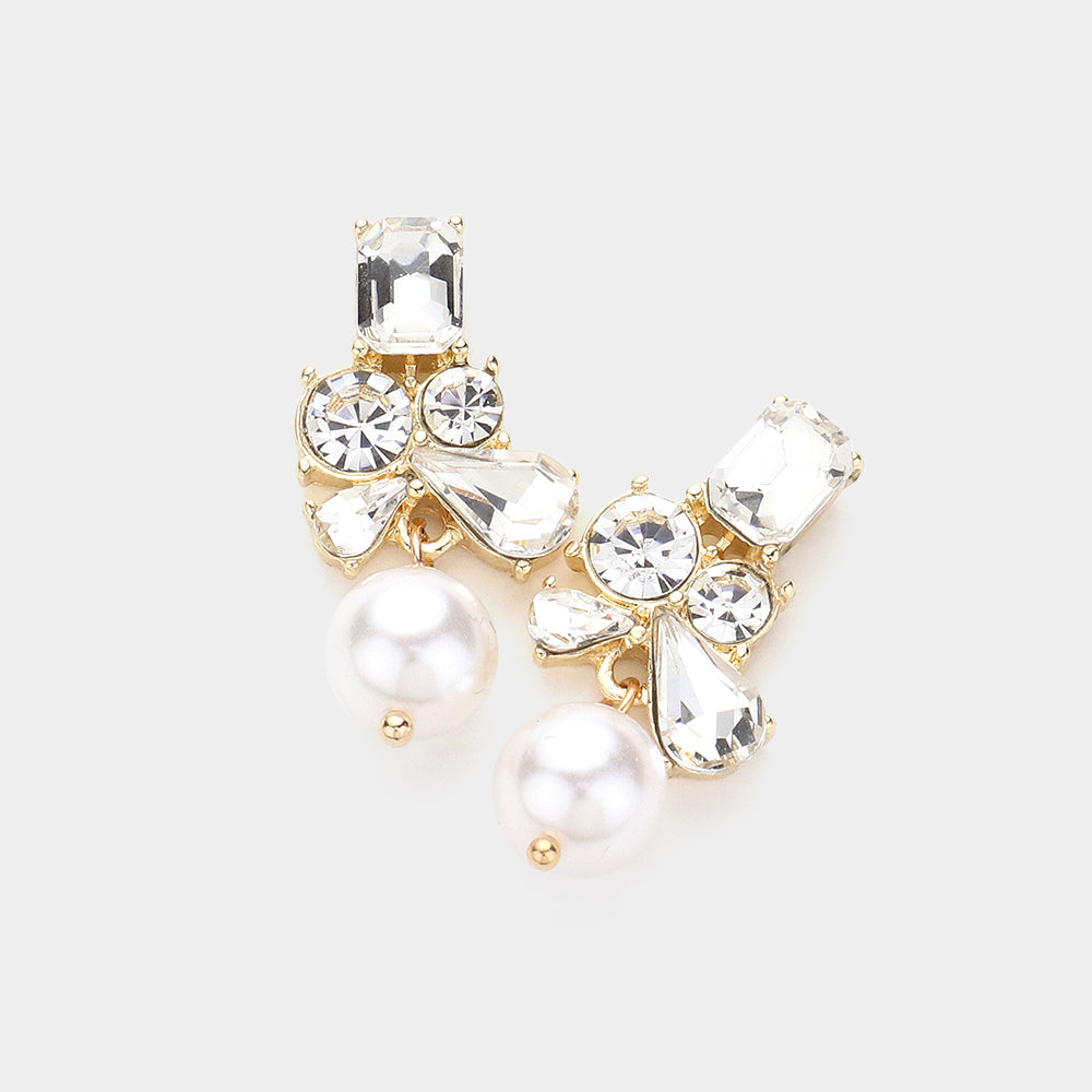 Stone Cluster Cream Pearl Dangle Bridal Earrings on Gold | Wedding Earrings