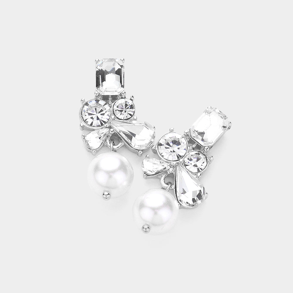 Stone Cluster White Pearl Dangle Bridal Earrings  | Wedding Earrings
