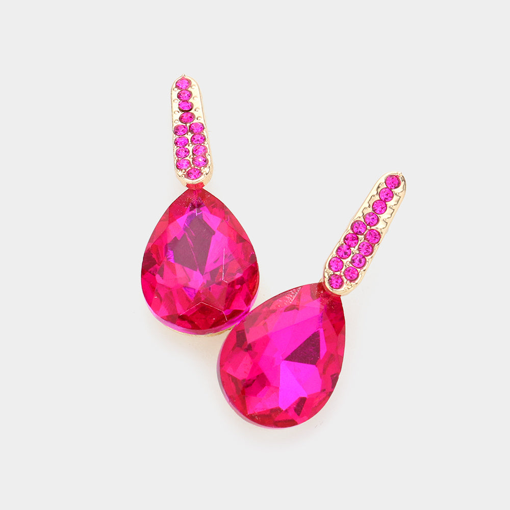 Small Fuchsia Teardrop and Rhinestone Dangle Pageant Earrings | Interview Earrings