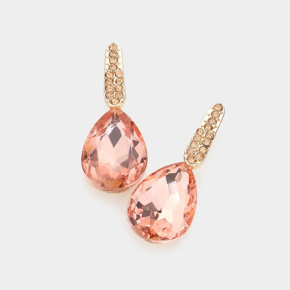 Small Peach Teardrop and Rhinestone Dangle Pageant Earrings | Interview Earrings