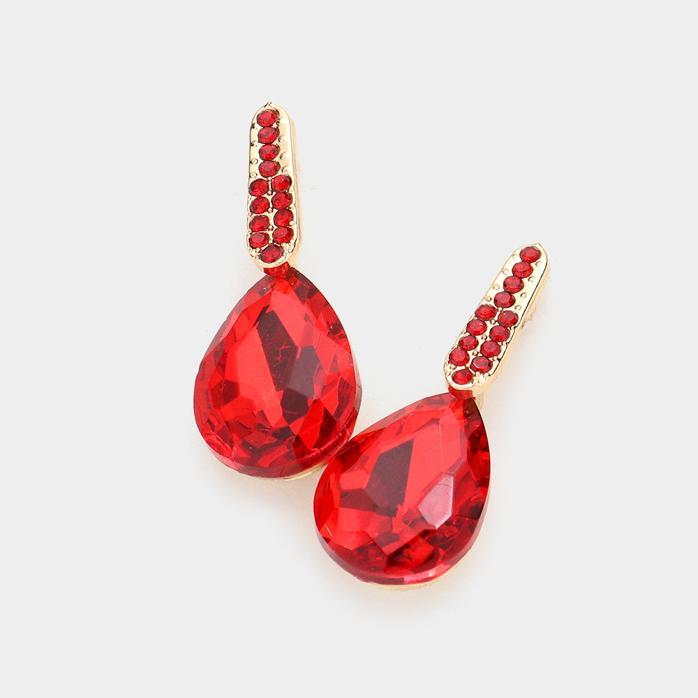 Small Red Teardrop and Rhinestone Dangle Pageant Earrings | Interview Earrings