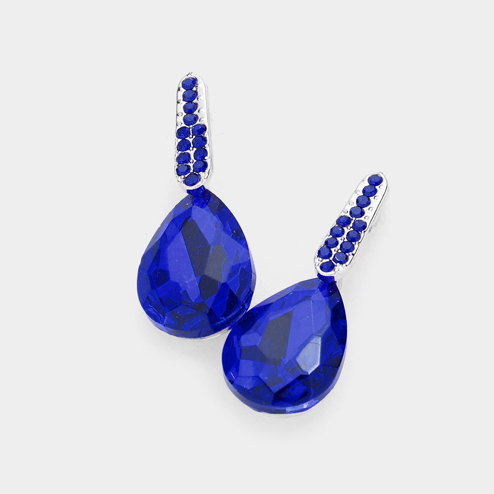 Small Sapphire Teardrop and Rhinestone Dangle Pageant Earrings  | Interview Earrings