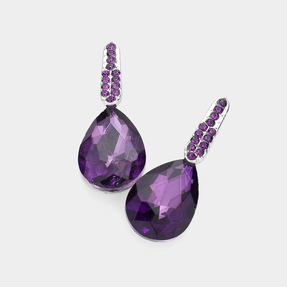 Small Purple Teardrop and Rhinestone Dangle Pageant Earrings  | Interview Earrings