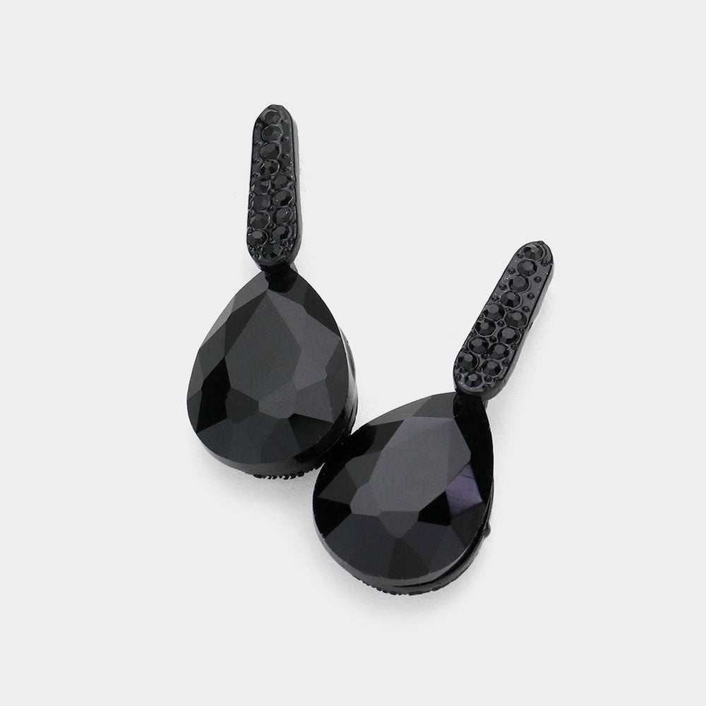 Small Jet Black Teardrop and Rhinestone Dangle Pageant Earrings  | Interview Earrings