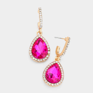 Fuchsia hot pink teardrop rhinestone trim dangle earrings on gold on white background