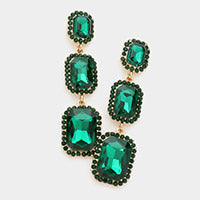 Triple Emerald Cut Emerald Stone Link Pageant Earrings  | Prom Earrings