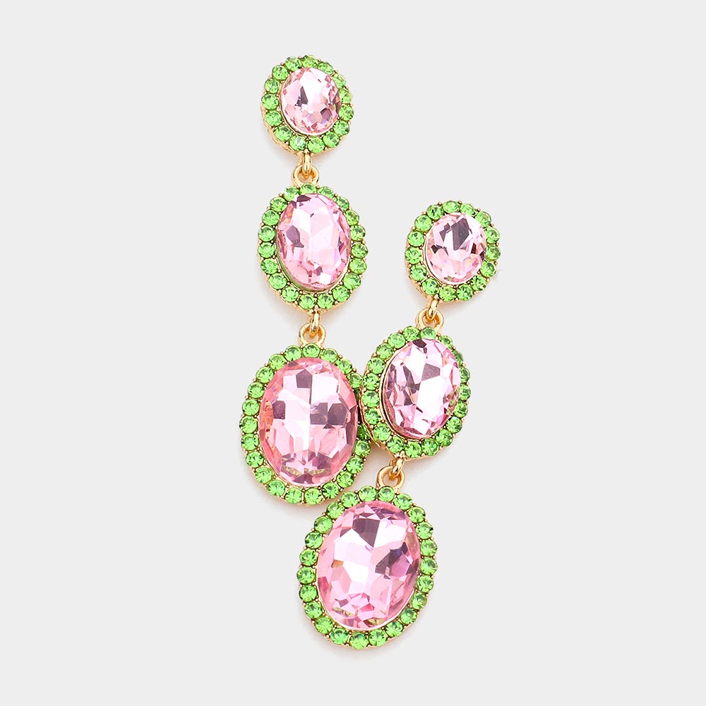 Triple Oval Pink & Green Crystal Drop Pageant Earrings | Dangle Earrings