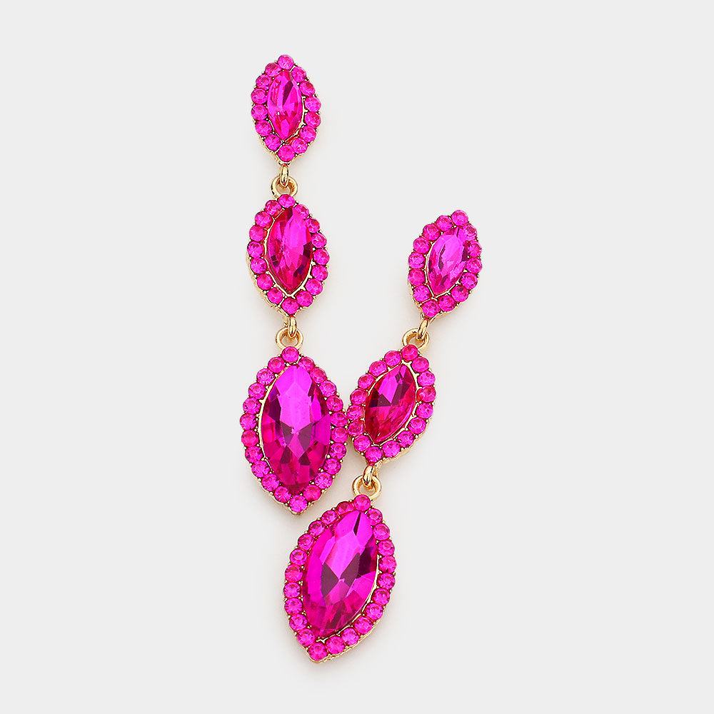 Fuchsia Crystal Triple Marquise Drop Dangle Pageant Earrings | Prom Jewelry