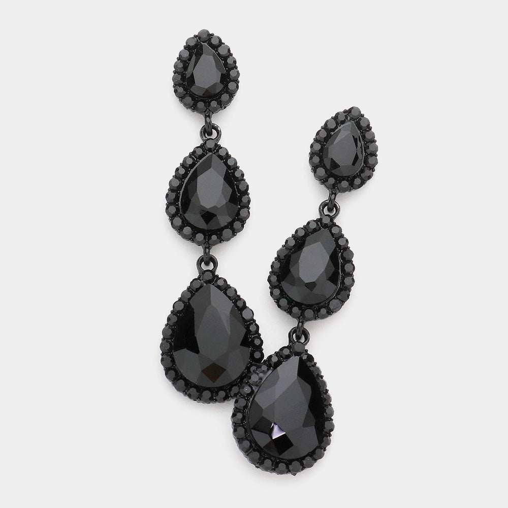 Jet Black Triple Teardrop Pageant Earrings  | Prom Earrings | Evening Earrings