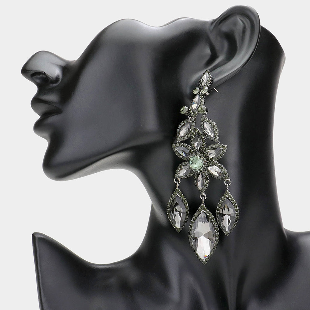 Black Diamond Flower Triple Marquise Stone Chandelier Evening Earrings  | Statement Earrings