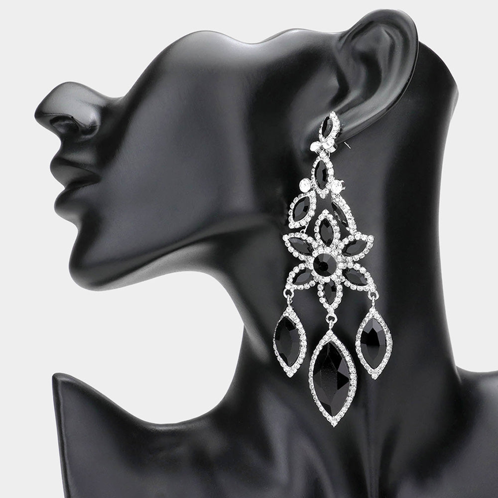 Black/Clear Flower Triple Marquise Stone Chandelier Evening Earrings  | Statement Earrings