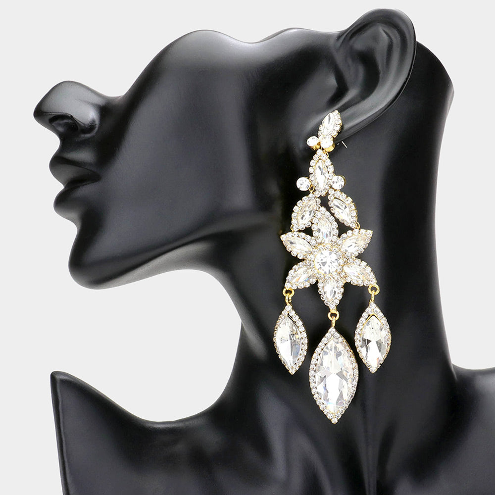 Clear Flower Triple Marquise Stone Chandelier Evening Earrings on Gold | Statement Earrings