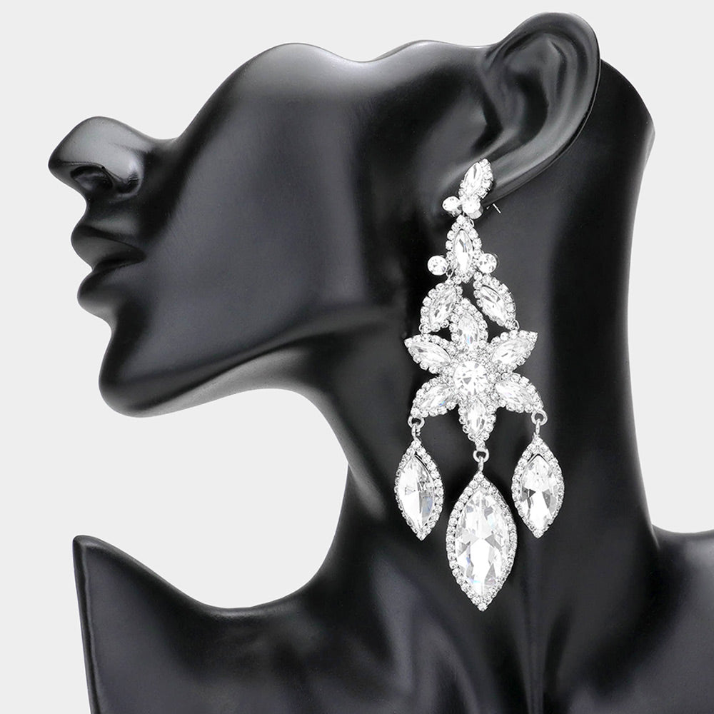 Clear Flower Triple Marquise Stone Chandelier Evening Earrings  | Statement Earrings