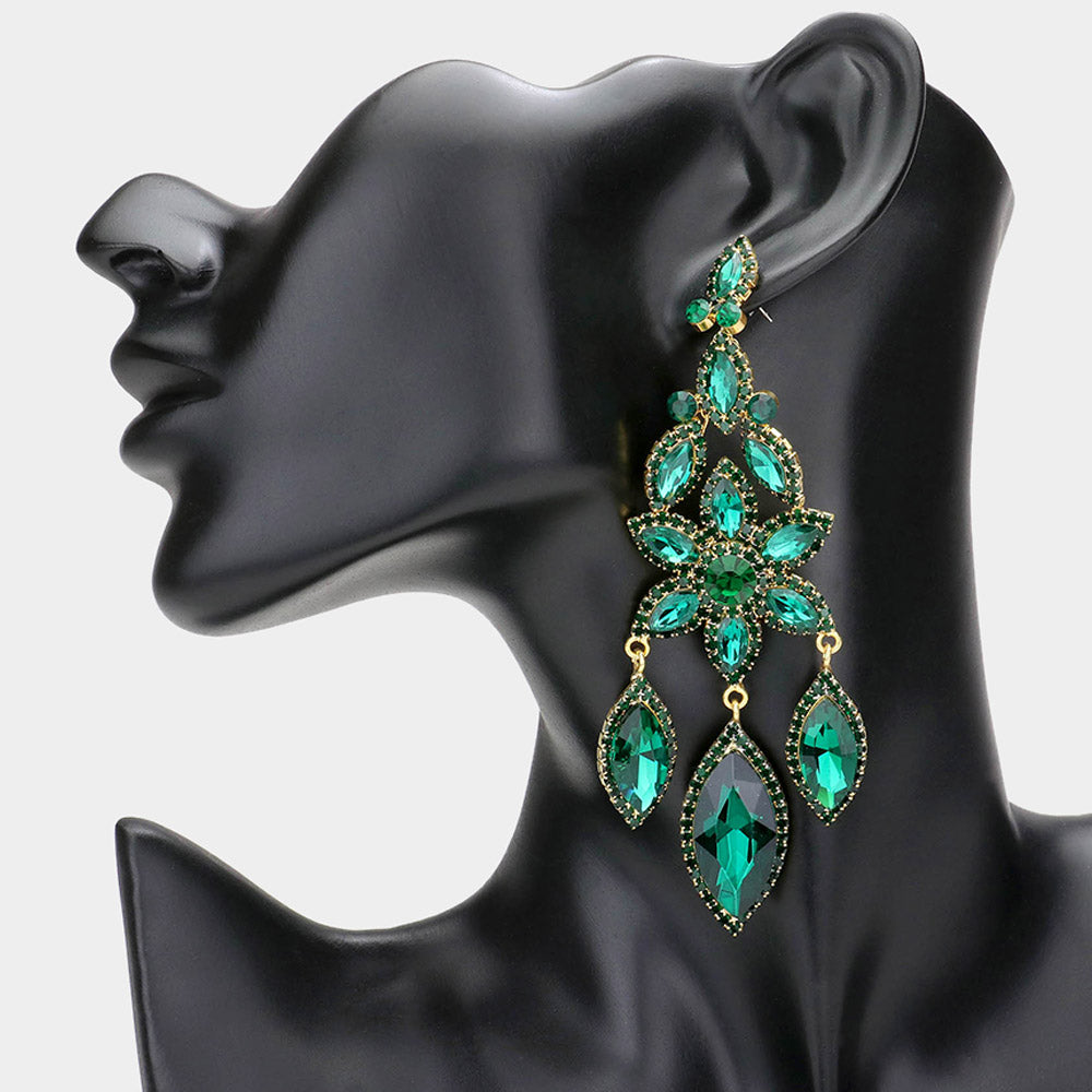 Emerald Flower Triple Marquise Stone Chandelier Evening Earrings  | Statement Earrings