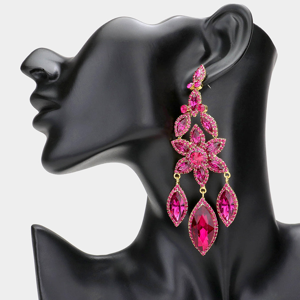 Fuchsia Flower Triple Marquise Stone Chandelier Evening Earrings  | Statement Earrings