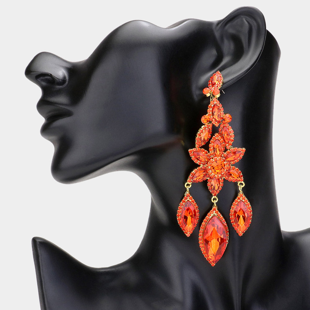 Orange Flower Triple Marquise Stone Chandelier Evening Earrings  | Statement Earrings