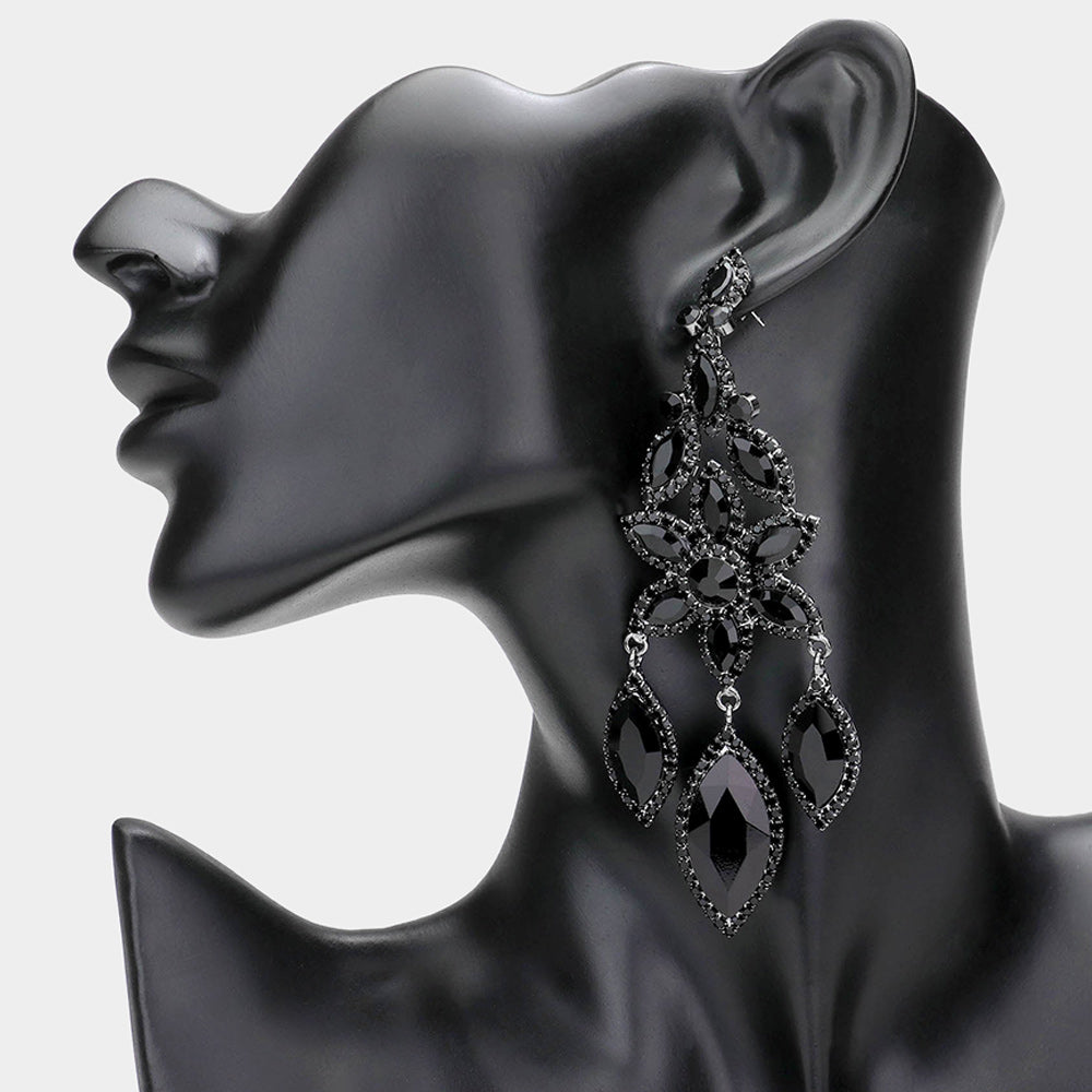 Jet Black Flower Triple Marquise Stone Chandelier Evening Earrings  | Statement Earrings