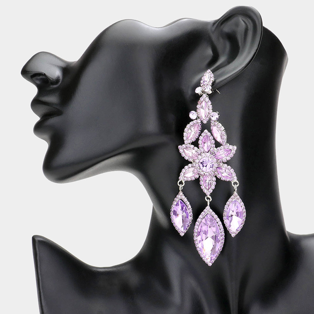 Lavender Flower Triple Marquise Stone Chandelier Evening Earrings  | Statement Earrings