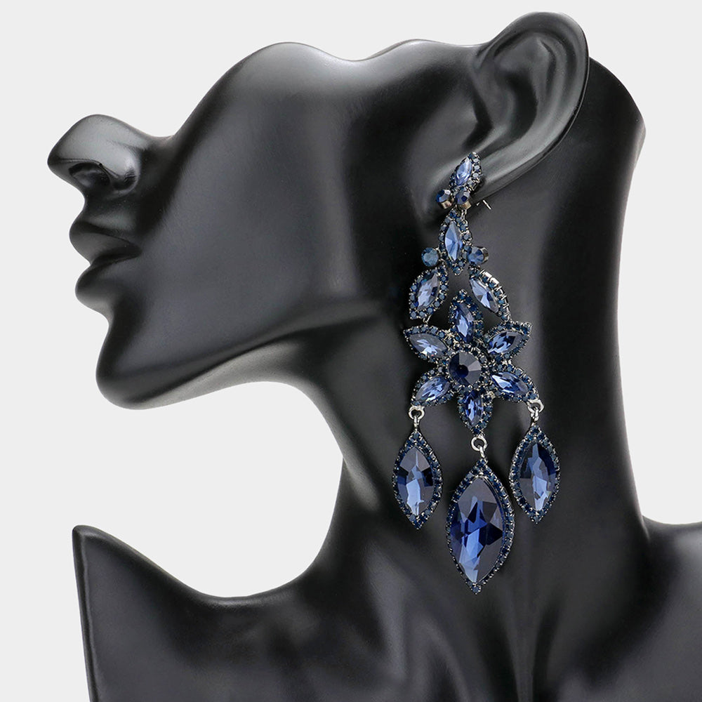 Navy Flower Triple Marquise Stone Chandelier Evening Earrings  | Statement Earrings