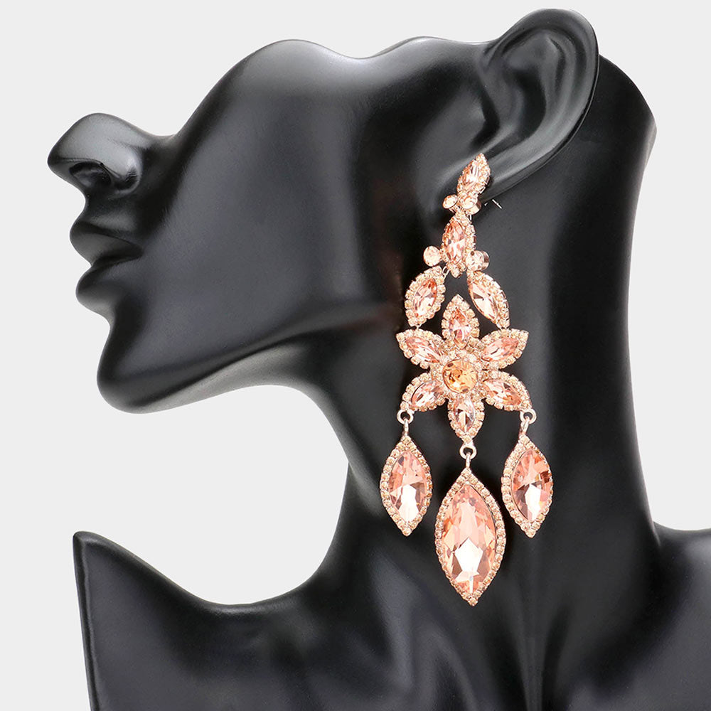 Peach Flower Triple Marquise Stone Chandelier Evening Earrings  | Statement Earrings