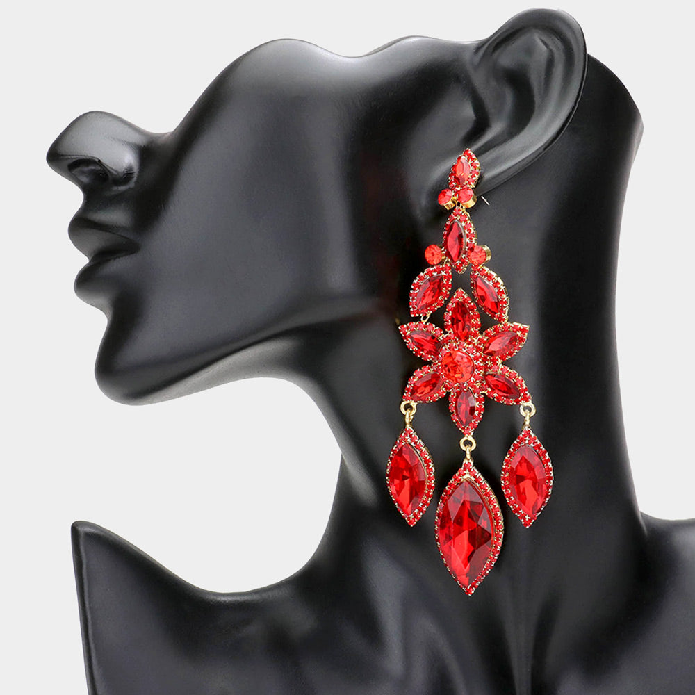 Red Flower Triple Marquise Stone Chandelier Evening Earrings | Statement Earrings
