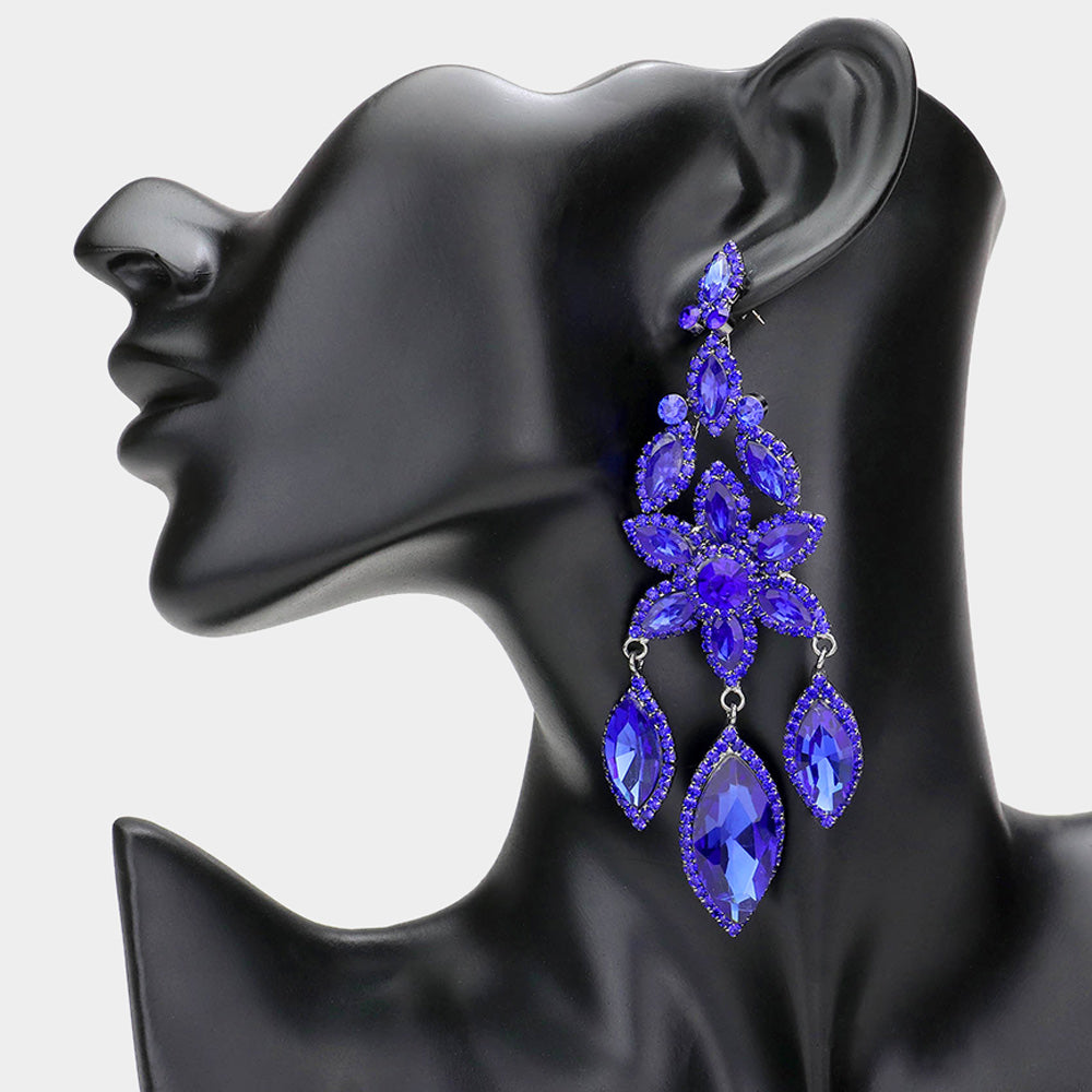 Royal Blue Flower Triple Marquise Stone Chandelier Evening Earrings  | Statement Earrings