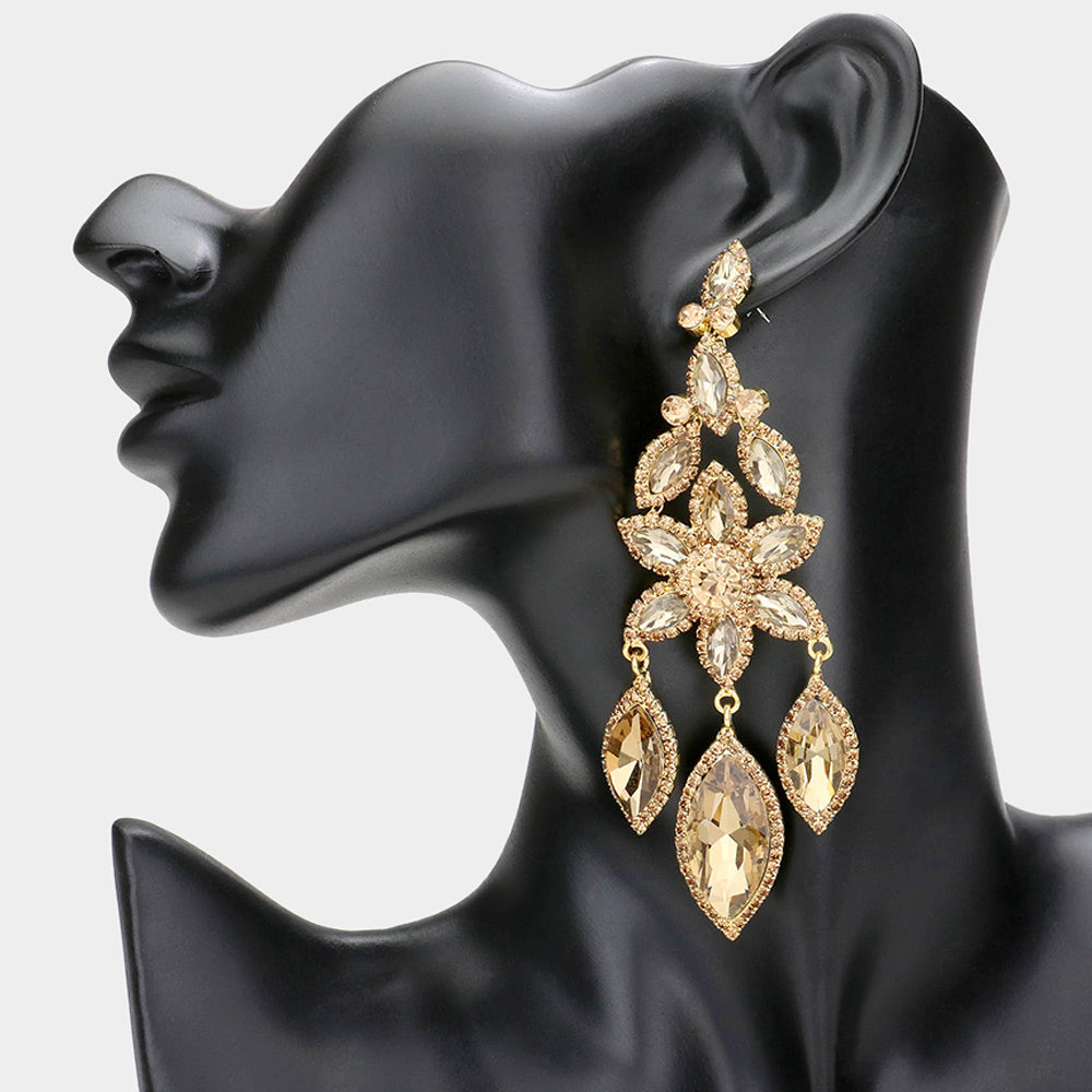 Light Topaz Flower Triple Marquise Stone Chandelier Evening Earrings  | Statement Earrings