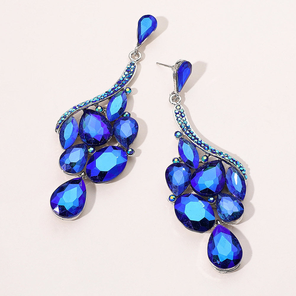 Blue AB Crystal Multi Stone Cluster Dangle Pageant Earrings  | Drop Earrings