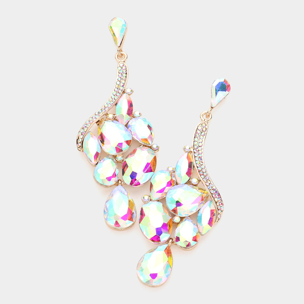 AB Crystal Multi Stone Cluster Dangle Pageant Earrings on Gold | Drop Earrings
