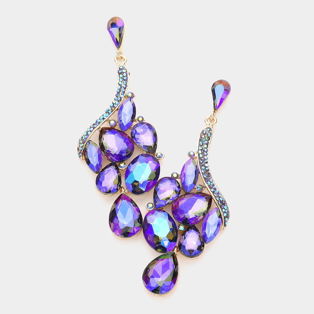 Blue AB Crystal Multi Stone Cluster Dangle Pageant Earrings  | Drop Earrings | 589394