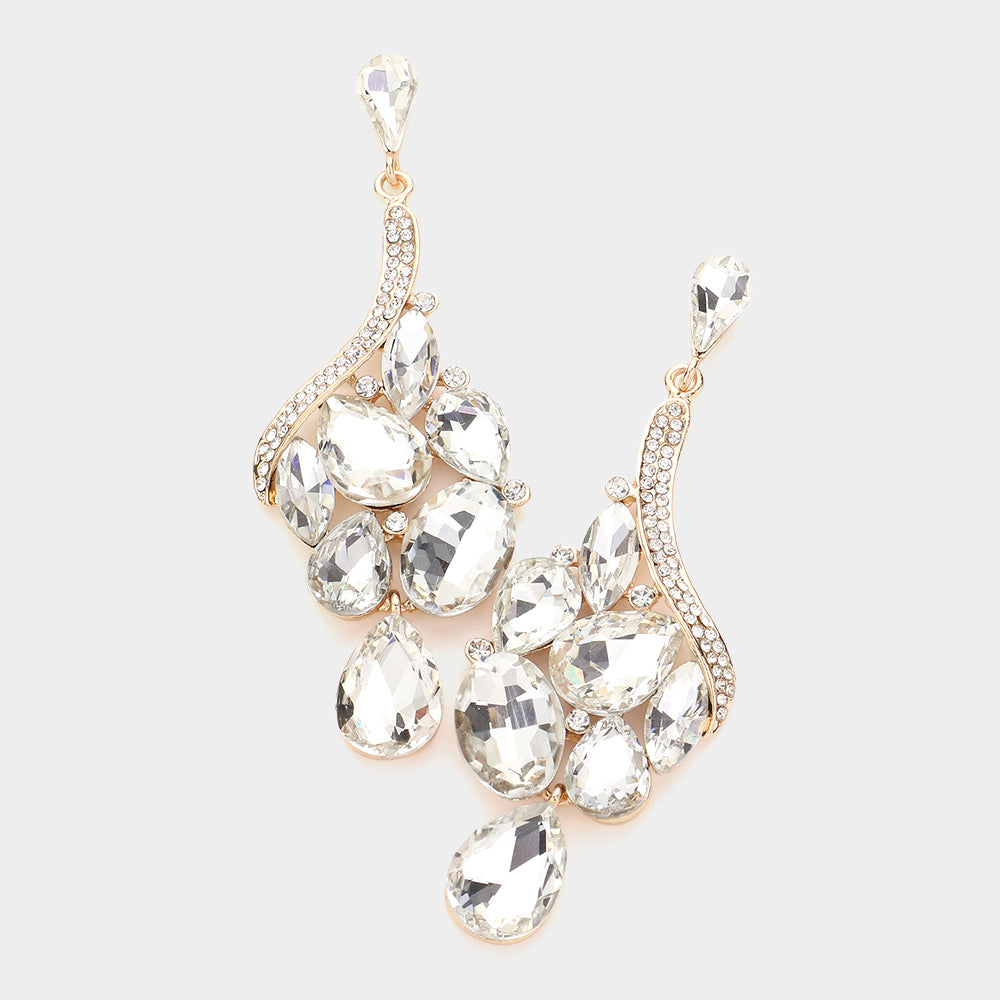 Clear Crystal Multi Stone Cluster Dangle Pageant Earrings on Gold | Drop Earrings