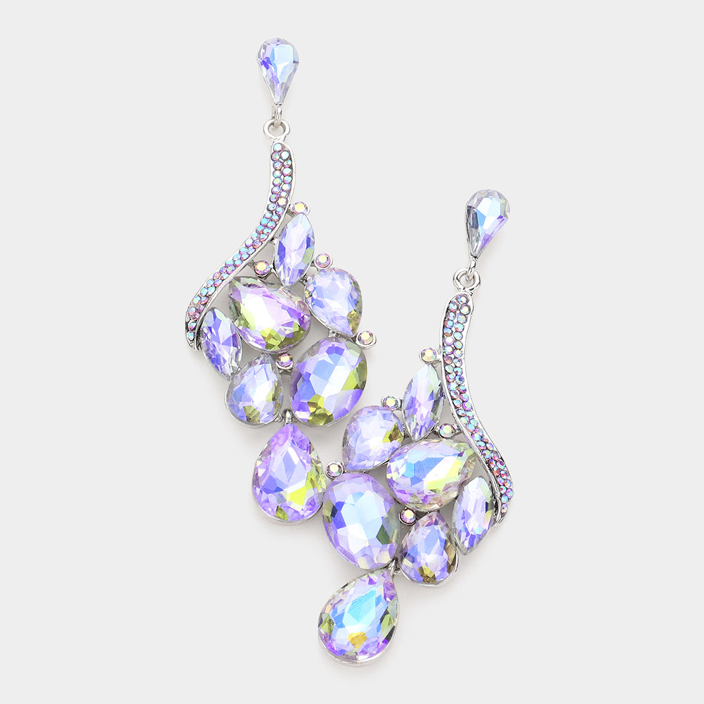 Purple AB Crystal Multi Stone Cluster Dangle Pageant Earrings  | Drop Earrings