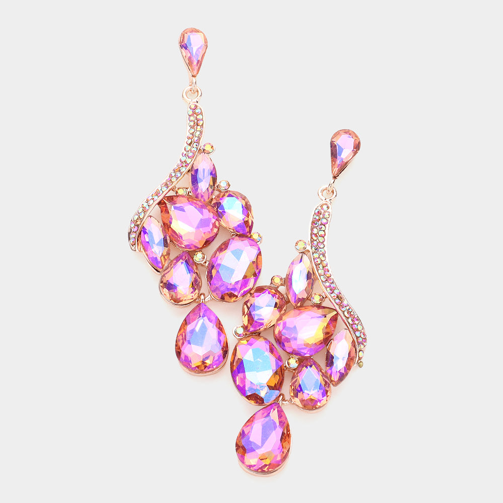 Peach, AB Crystal Multi Stone Cluster Dangle Pageant Earrings on Rose Gold | Drop Earrings