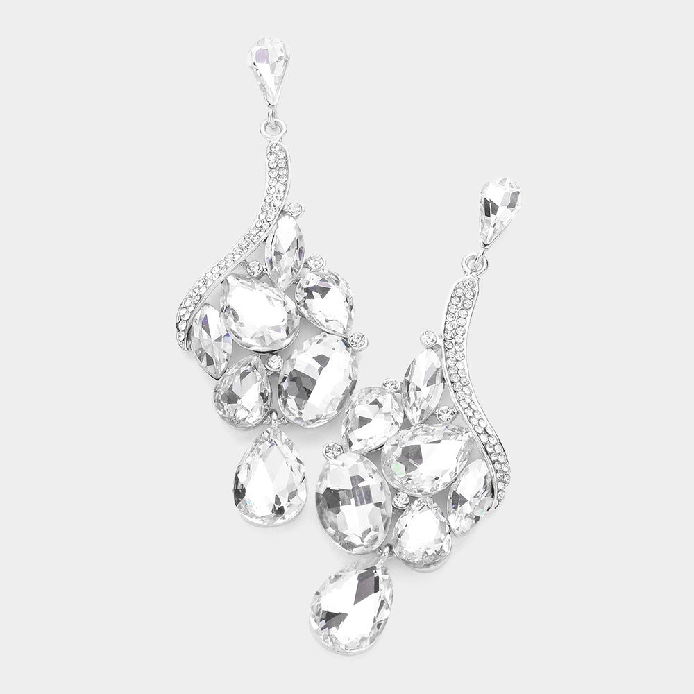 Clear Crystal Multi Stone Cluster Dangle Pageant Earrings | Drop Earrings
