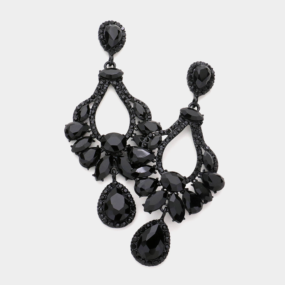 Multi Stone Black Crystal Chandelier Pageant Earrings | Prom Earrings