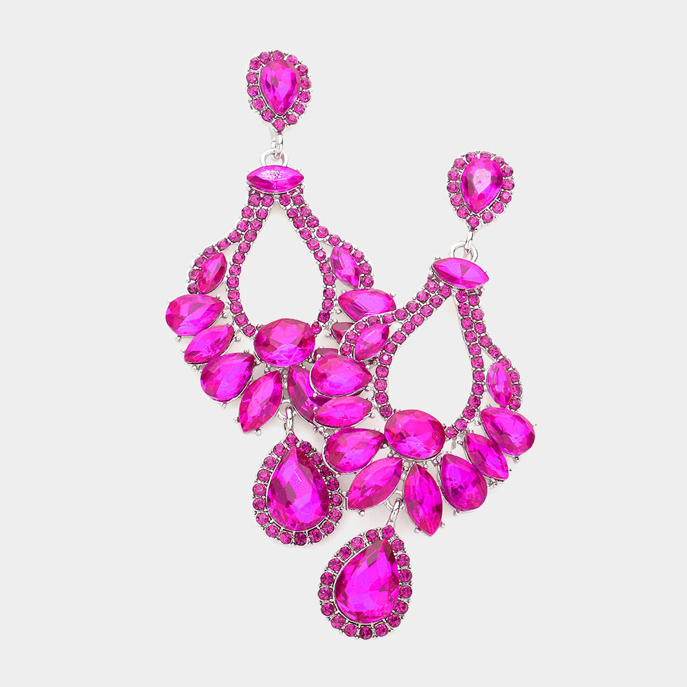 Multi Stone Fuchsia Crystal Chandelier Pageant Earrings | Prom Earrings