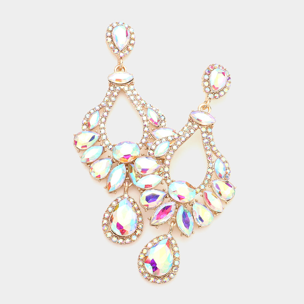 Multi Stone AB Crystal Chandelier Pageant Earrings on Gold | Prom Earrings
