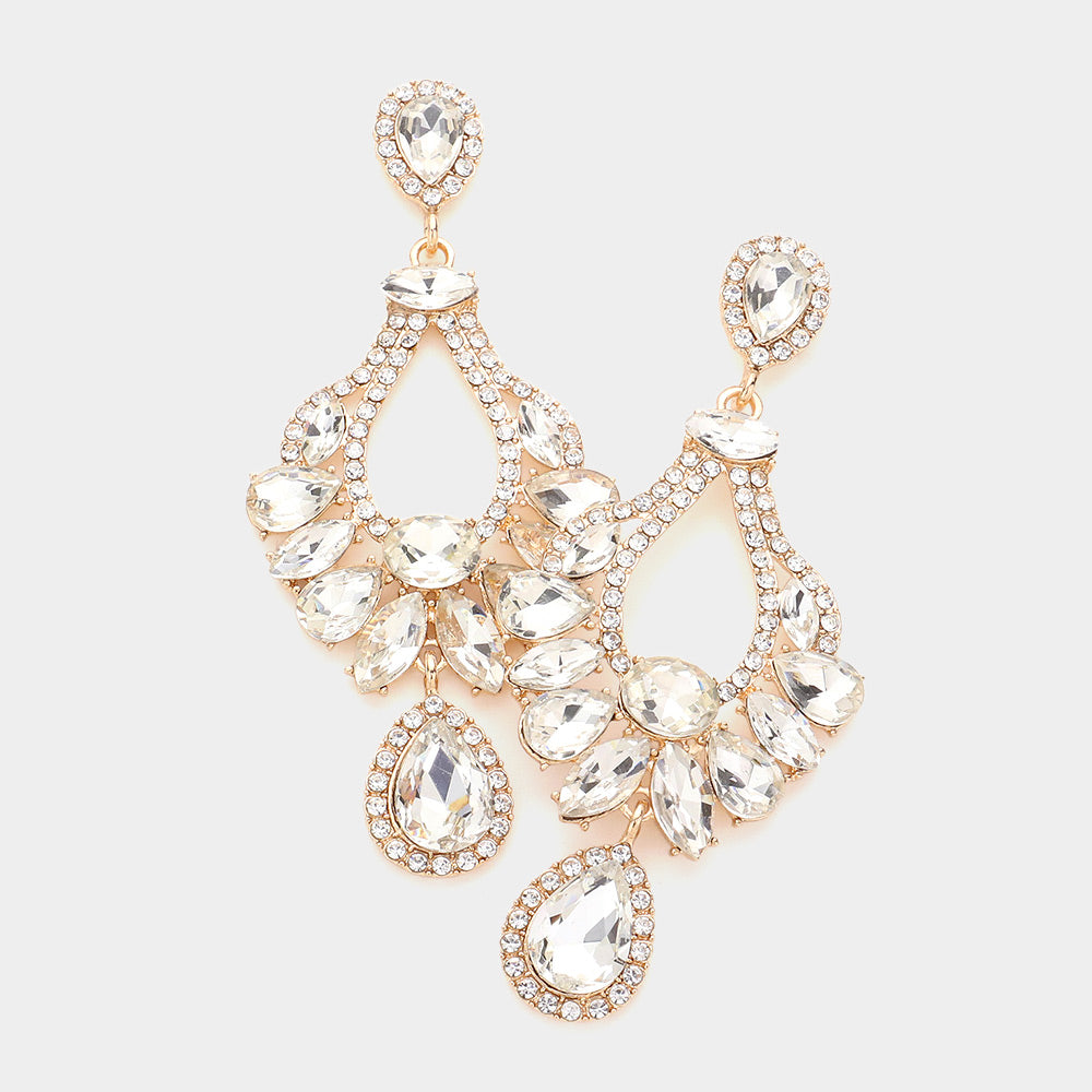 Multi Stone Clear Crystal Chandelier Pageant Earrings on Gold | Prom Earrings
