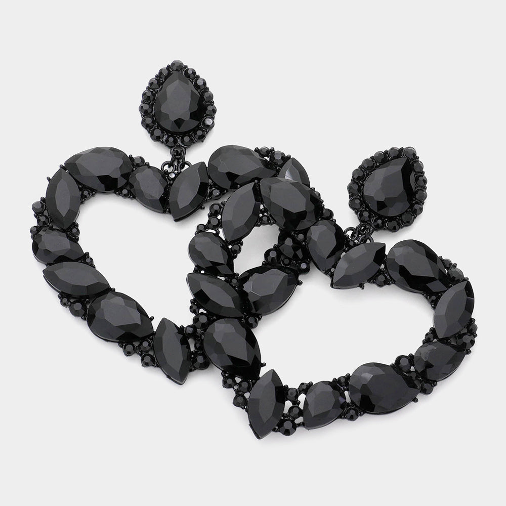 Jet Black Crystal Stone Open Heart Pageant Earrings  | Statement Jewelry | 608271