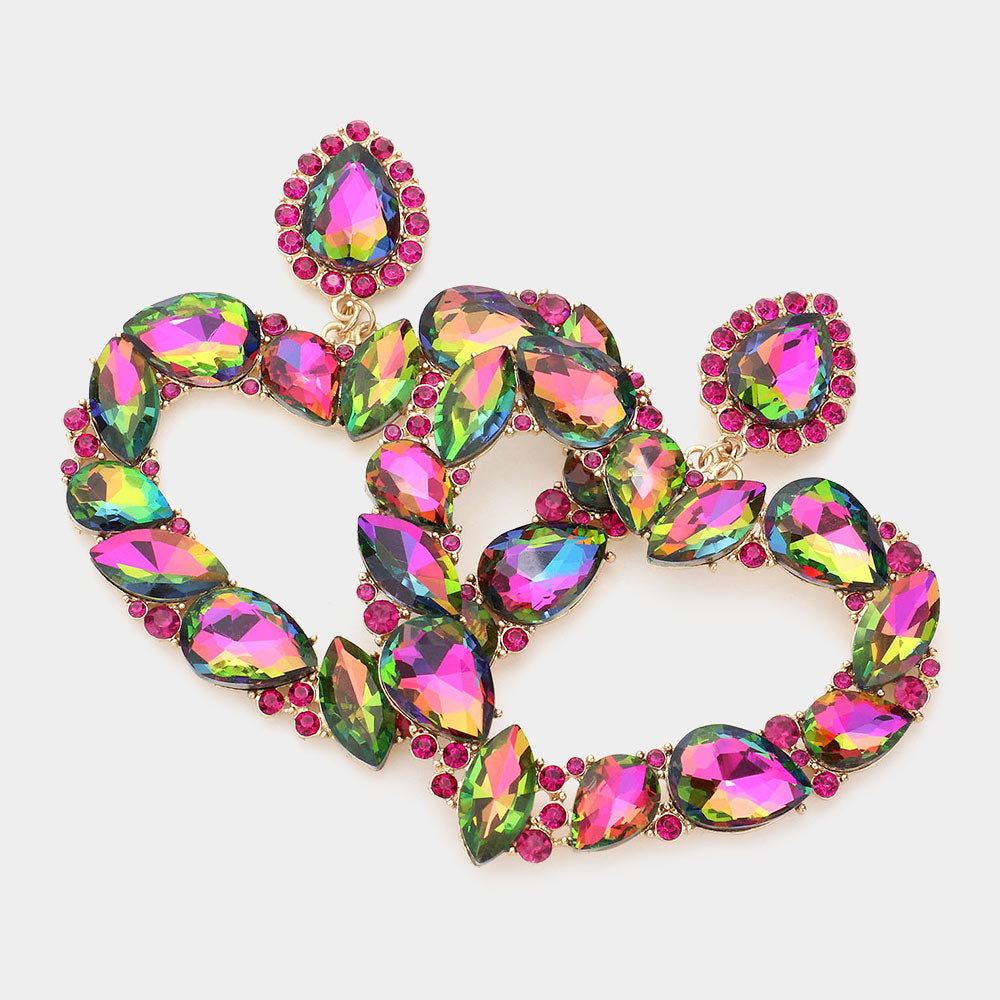 Multi-Color Crystal Stone Open Heart Pageant Earrings  | Statement Jewelry | 608274