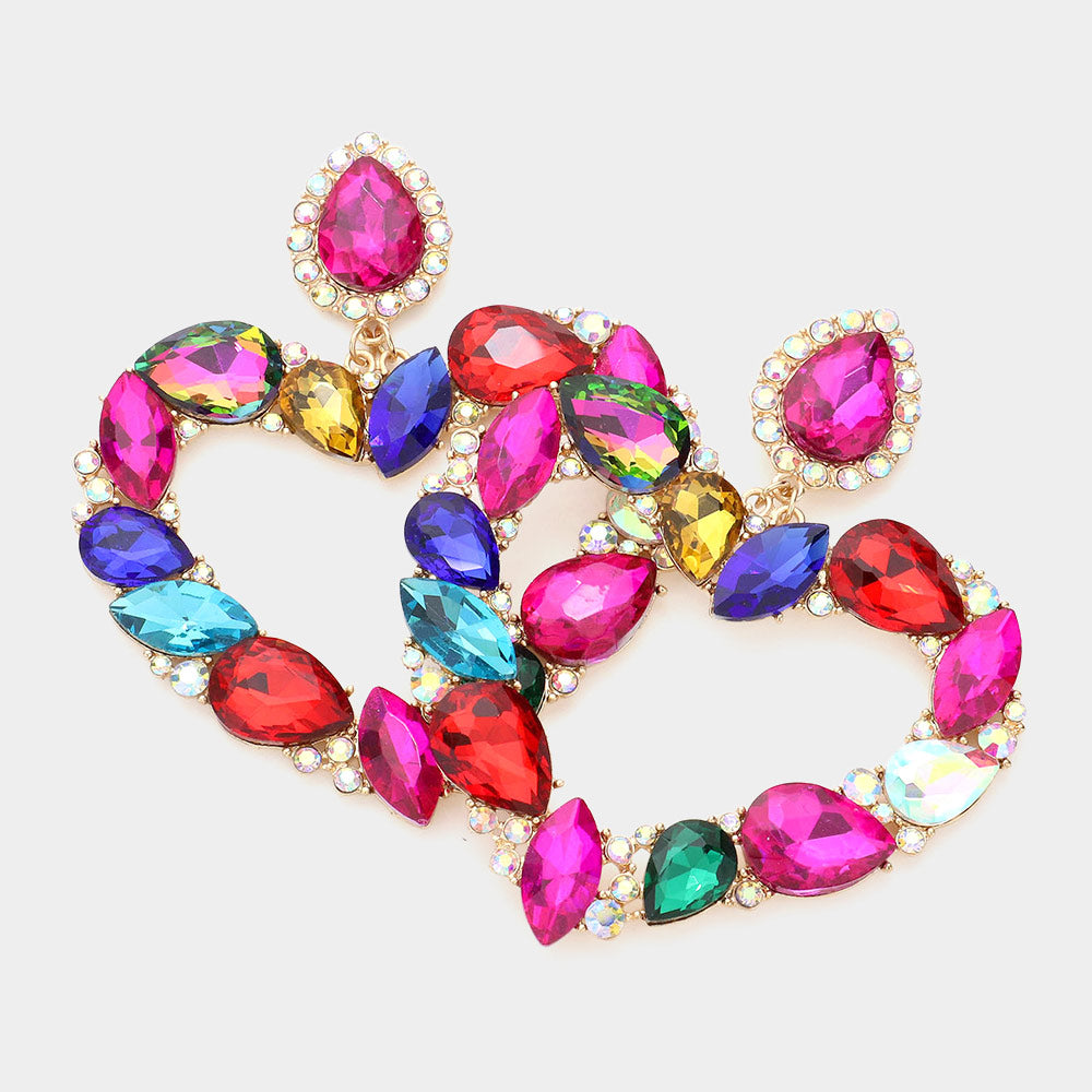 Multi-Color Crystal Stone Open Heart Pageant Earrings  | Statement Jewelry