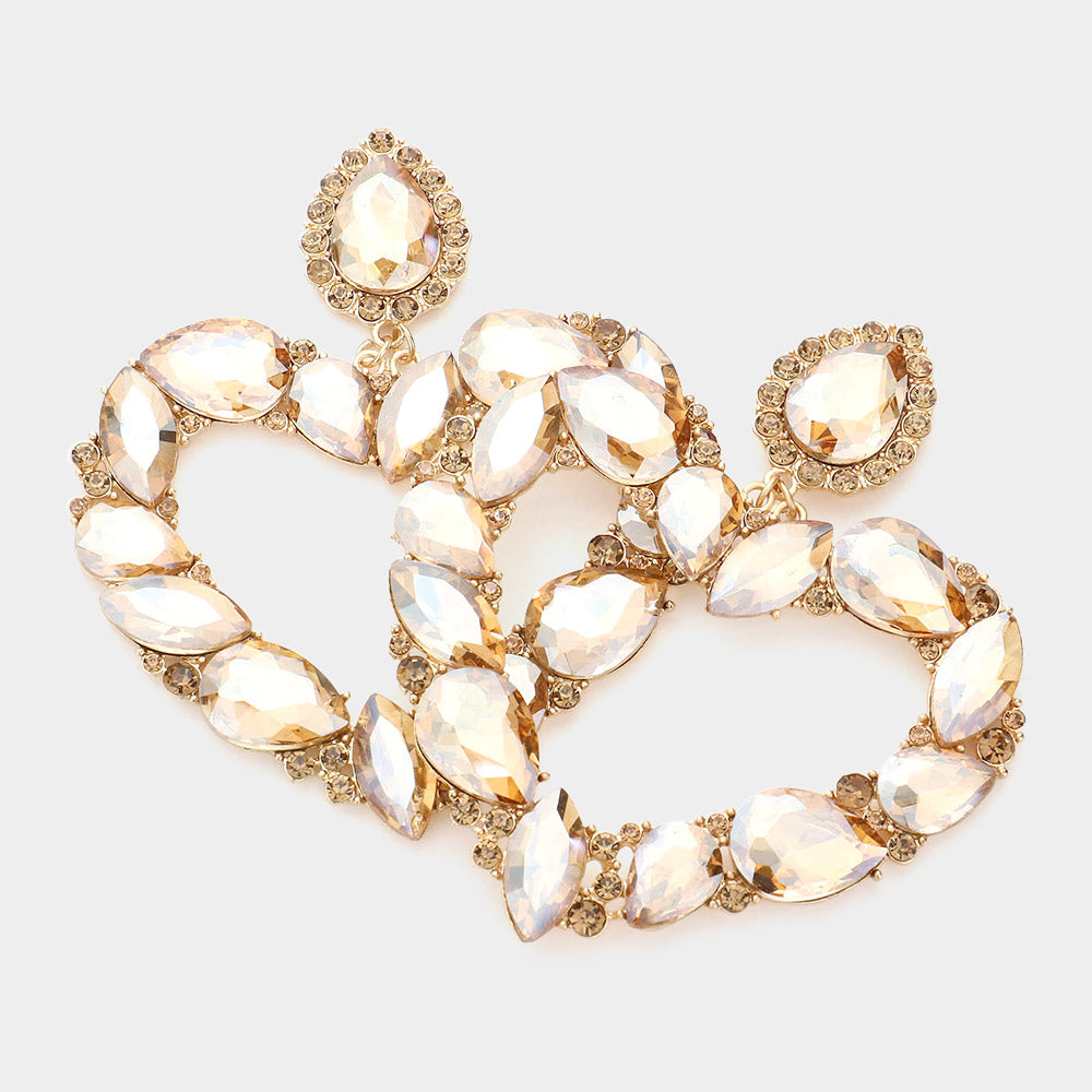 Light Topaz Crystal Stone Open Heart Pageant Earrings  | Statement Jewelry