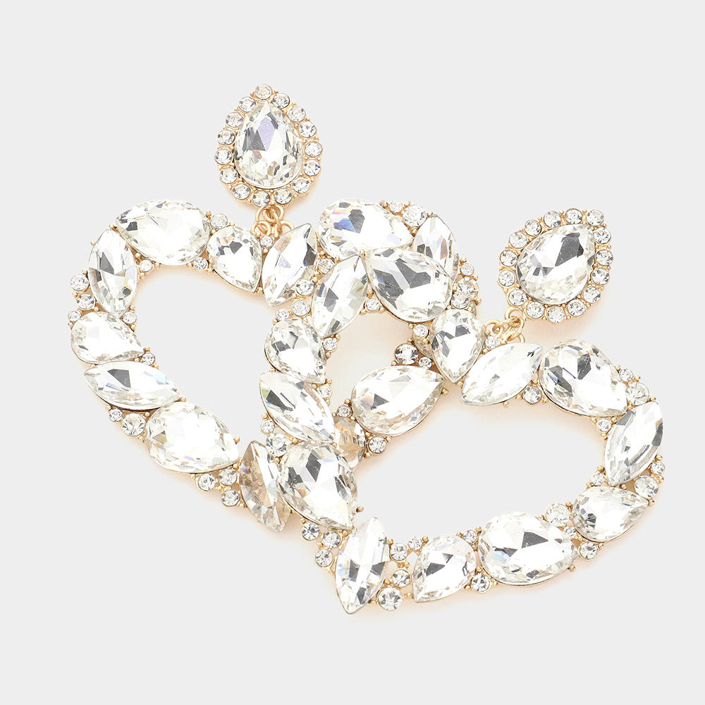 Clear Crystal Stone Open Heart Pageant Earrings on Gold | Statement Jewelry