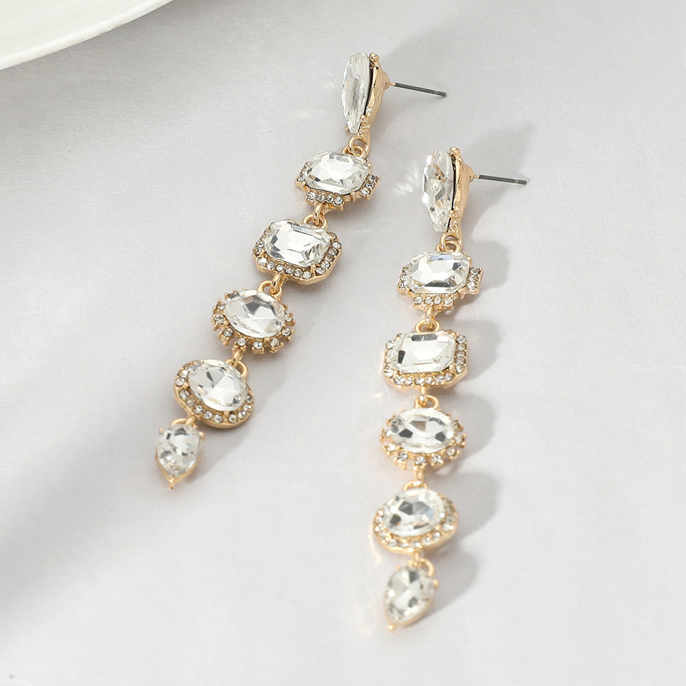Long Clear Multi Stone Link Drop Pageant Earrings on Gold| Long Clear Prom Earrings on Gold    |  657255