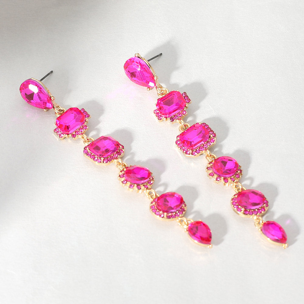 Long Fuchsia Multi Stone Link Drop Pageant Earrings | Long Fuchsia Prom Earrings