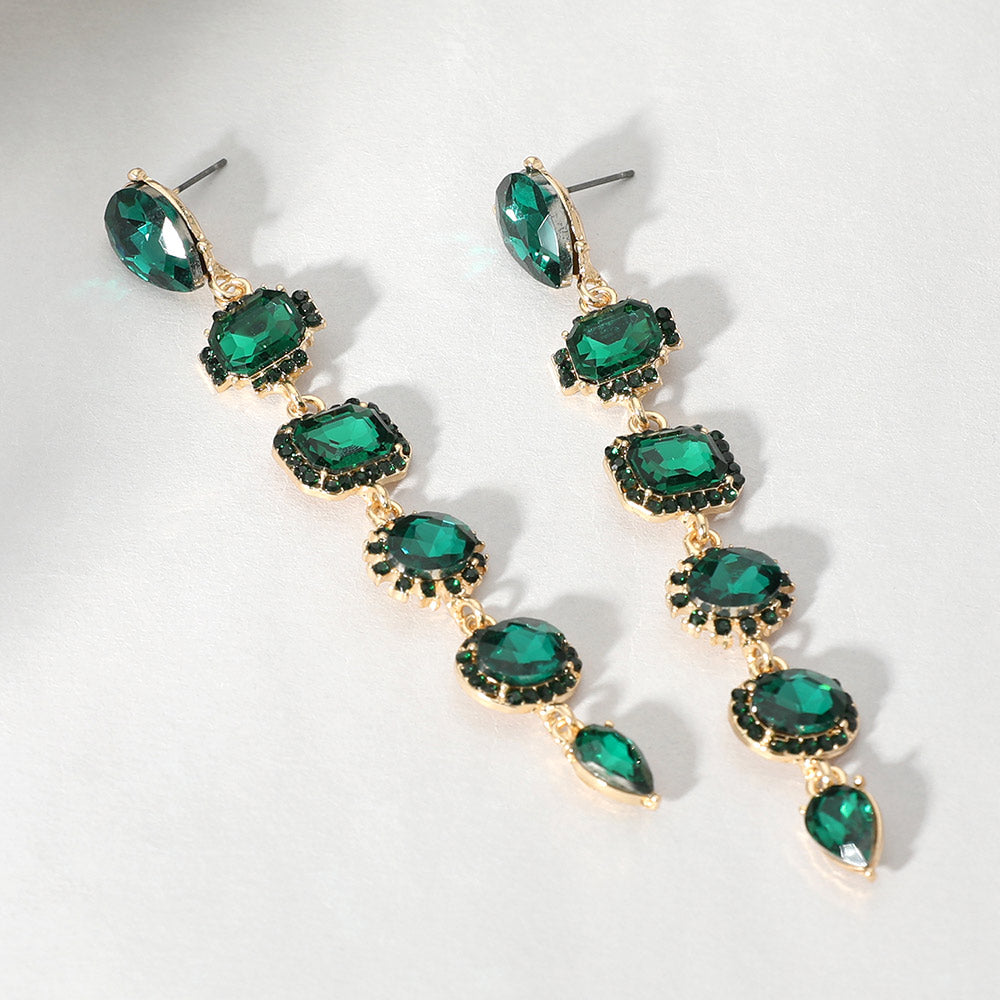 Long Emerald Multi Stone Link Drop Pageant Earrings | Long Green Prom Earrings