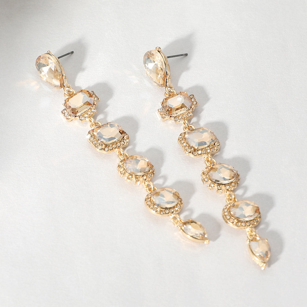 Long Light Topaz Multi Stone Link Drop Pageant Earrings | Long Gold Prom Earrings