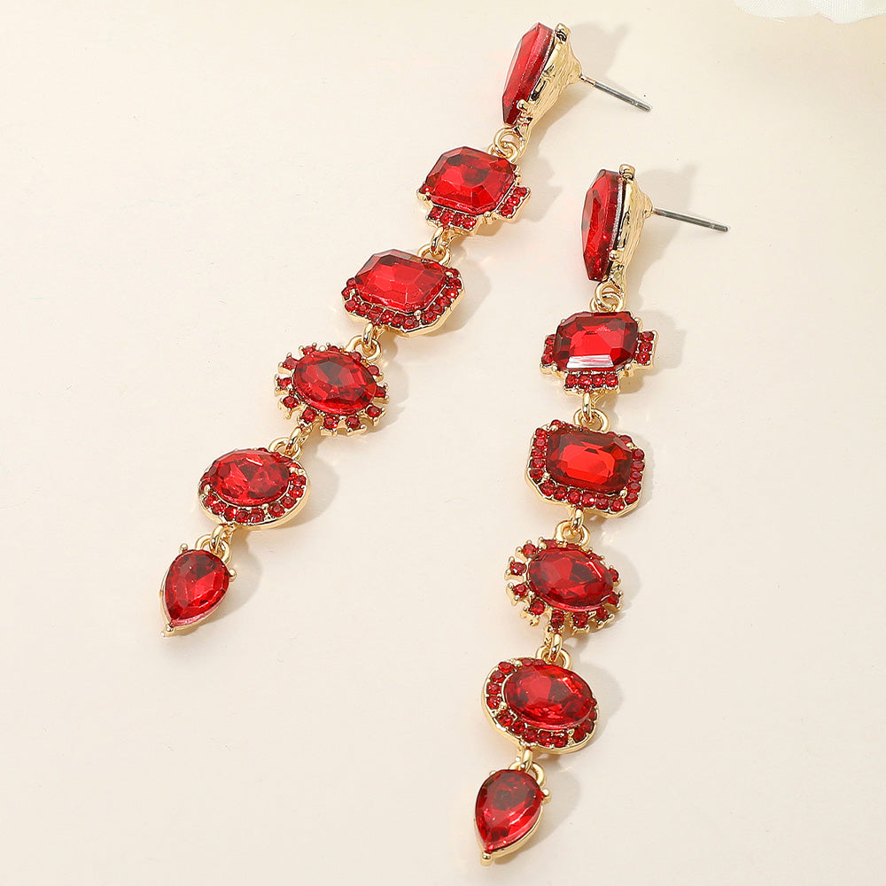 Long Red Multi Stone Link Drop Pageant Earrings | Long Red Prom Earrings