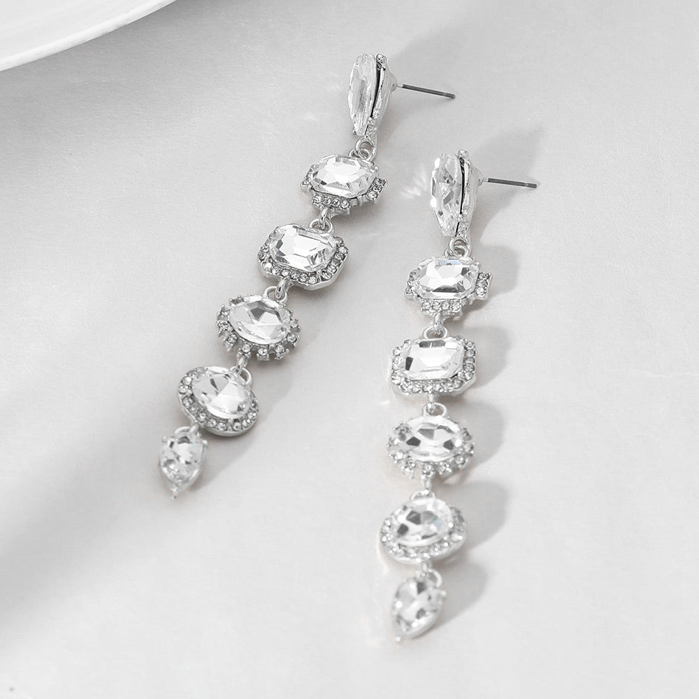 Long Clear Multi Stone Link Drop Pageant Earrings Silver| Long Clear Prom Earrings on Silver