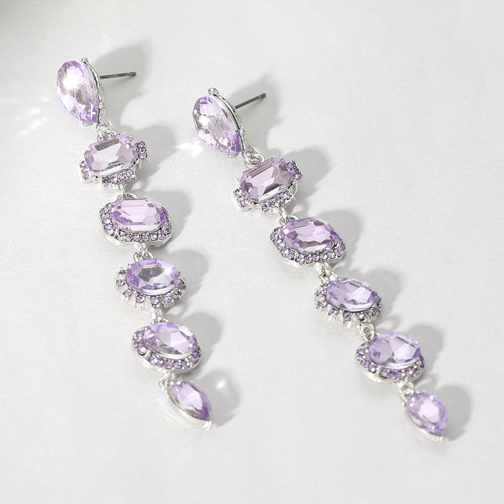 Long Purple Multi Stone Link Drop Pageant Earrings Silver| Long Purple Prom Earrings